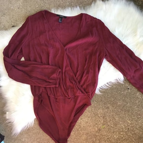 Forever 21 Burgundy Surplice Longsleeve Body Suit - Picture 3 of 6